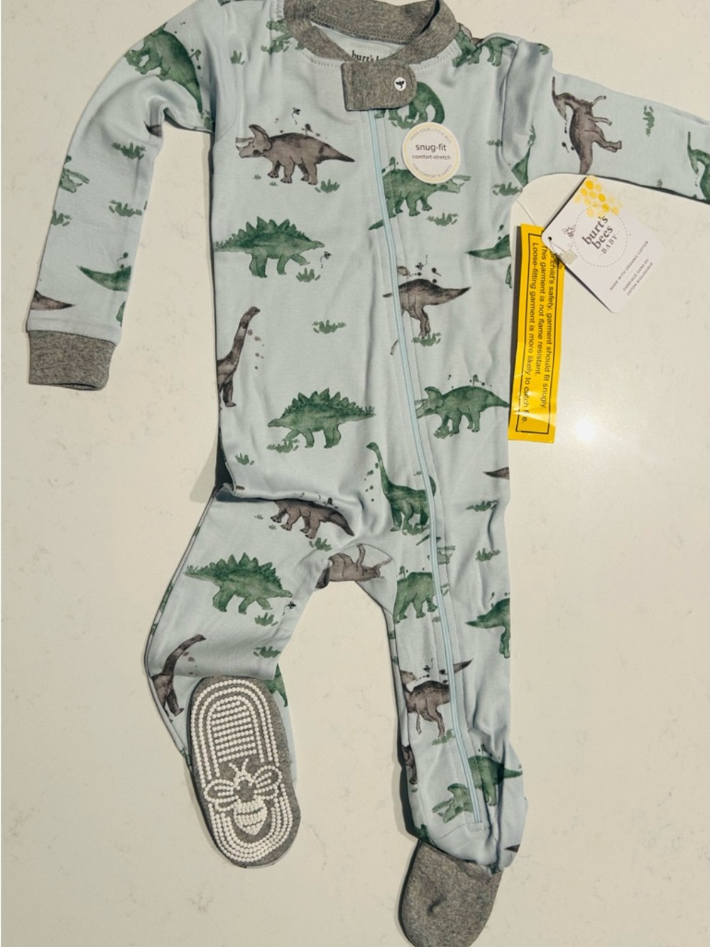 Burt's Bees Baby Light Blue Footed One-Piece with Green & Gray Dinosaurs